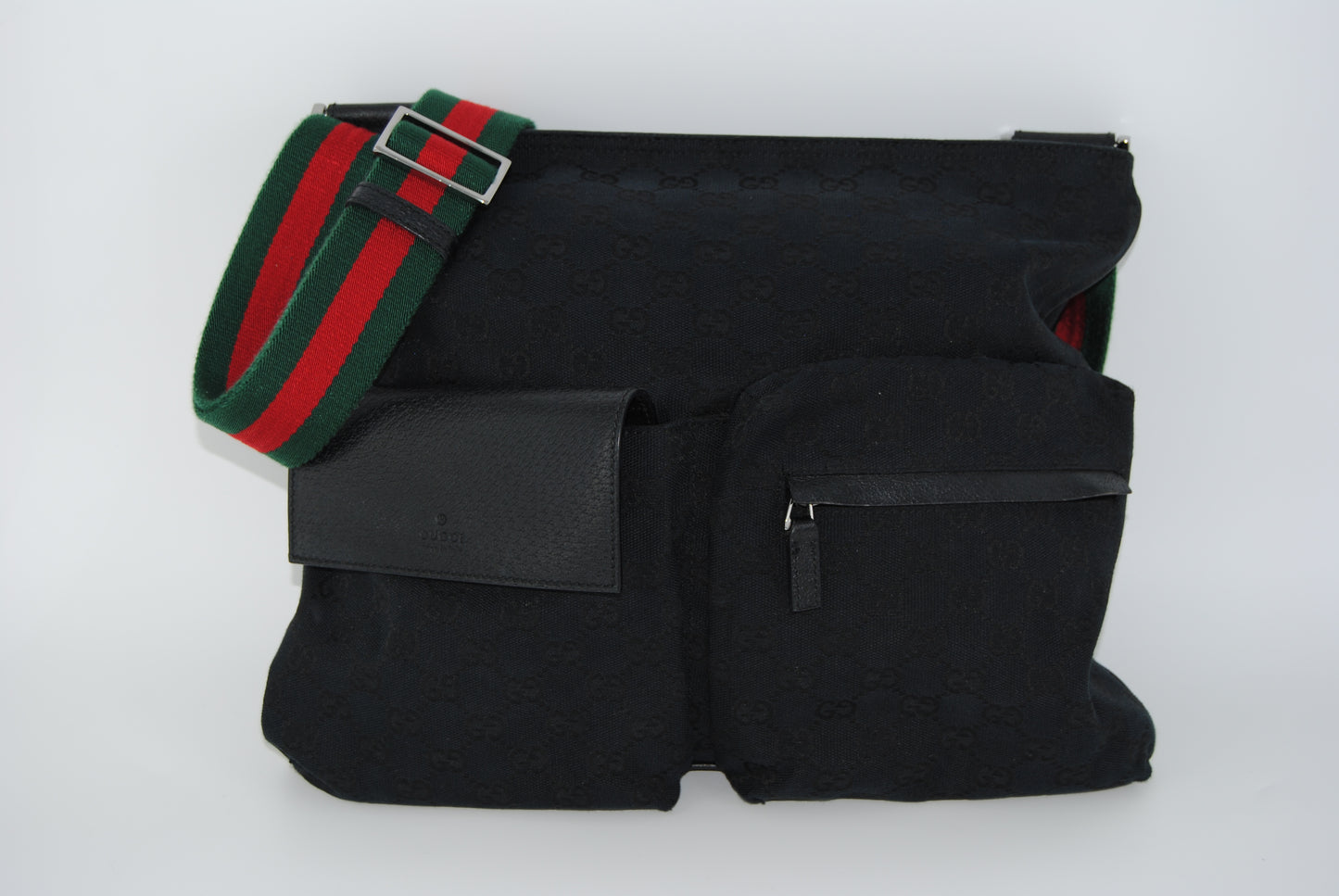 Gucci Monogram Web Medium Double Pocket Messenger Bag Black