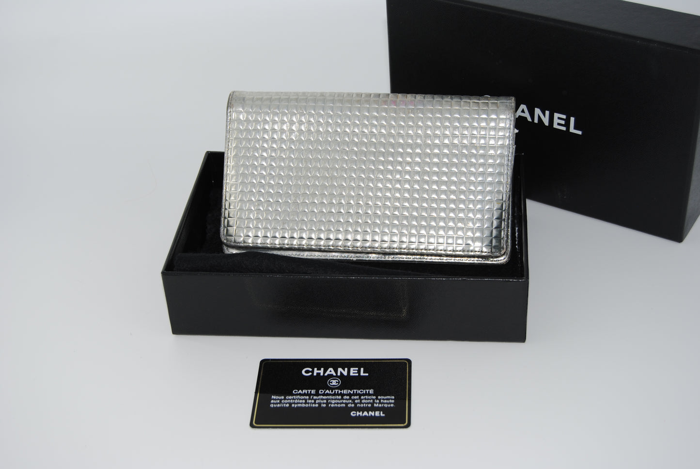 Chanel Patent Emboseed CC Larde Bifold Wallet Silver Pre Owned