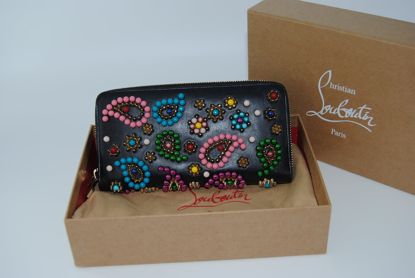 Christian Louboutin Round Zipper Long Wallet Black Pre Owned