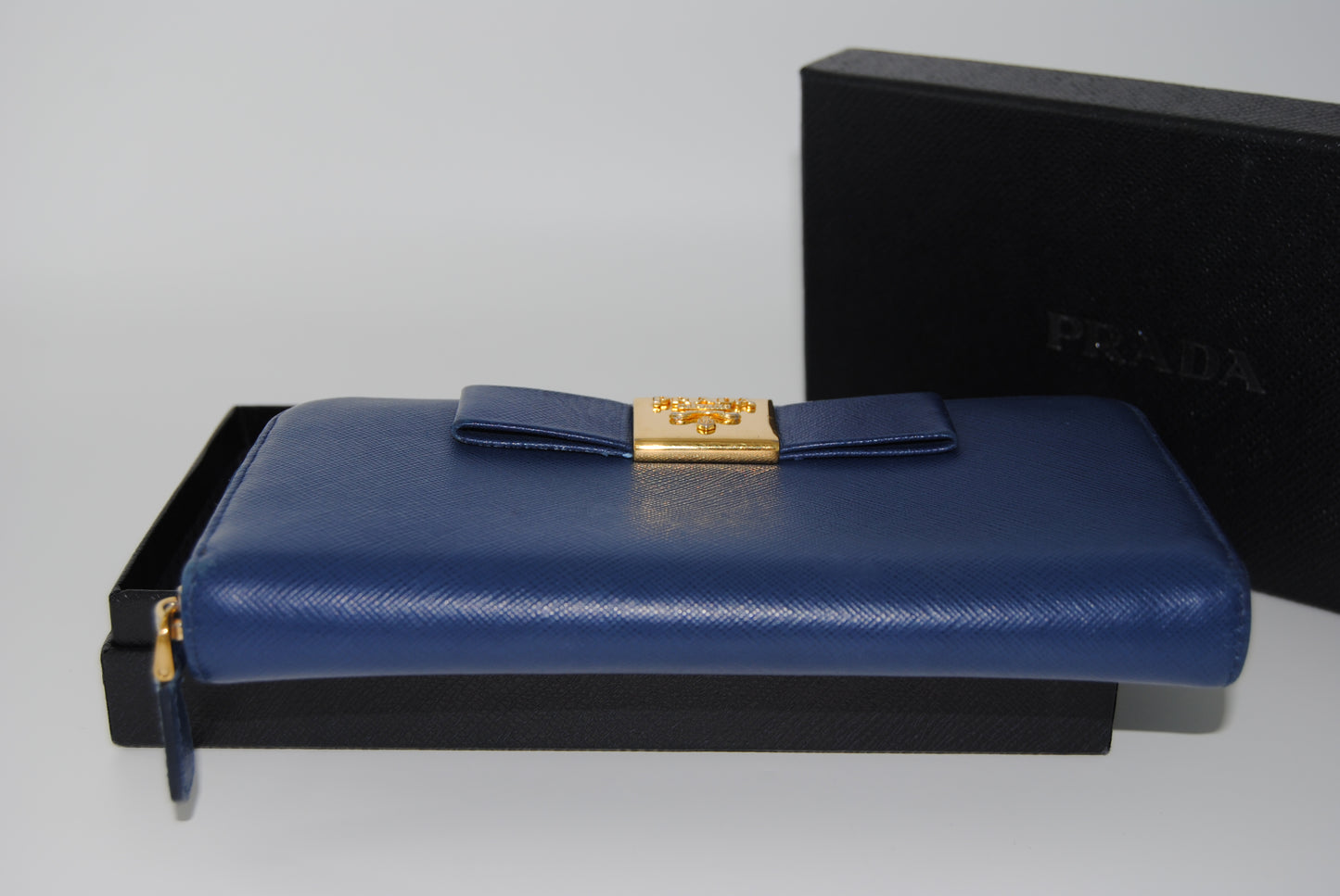 Prada Saffiano Ribbon Wallet Blue Pre Owned