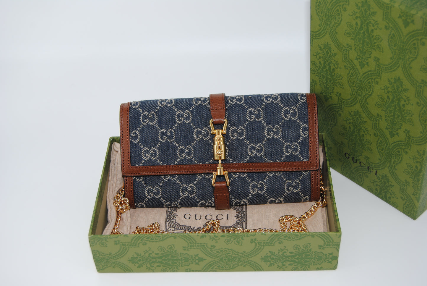 Gucci Jackie 1961 Continental Chain Wallet GG Denim Pre Owned