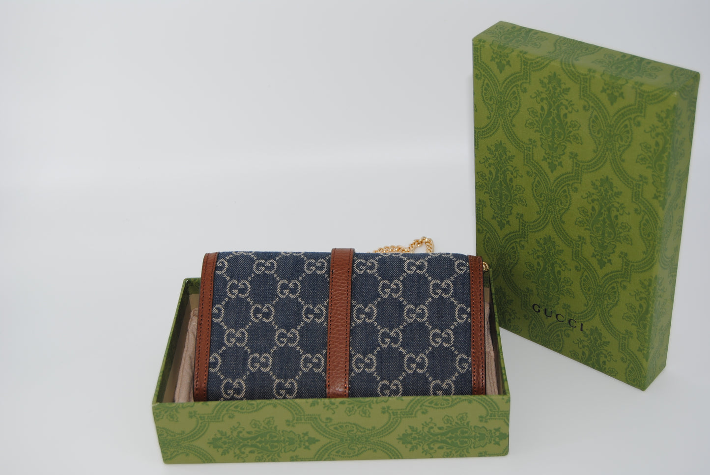 Gucci Jackie 1961 Continental Chain Wallet GG Denim Pre Owned