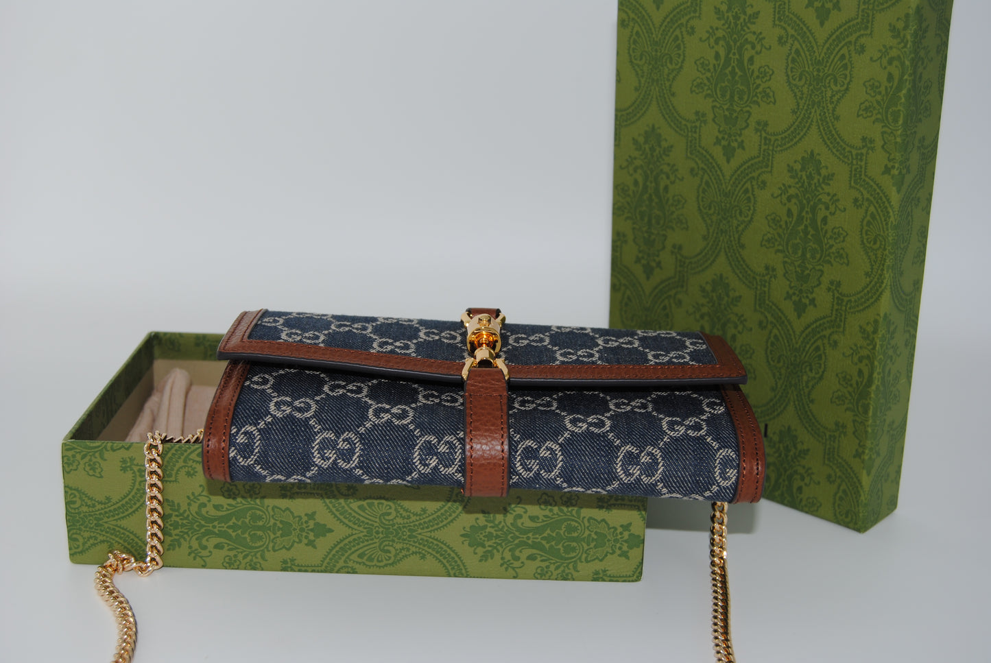 Gucci Jackie 1961 Continental Chain Wallet GG Denim Pre Owned