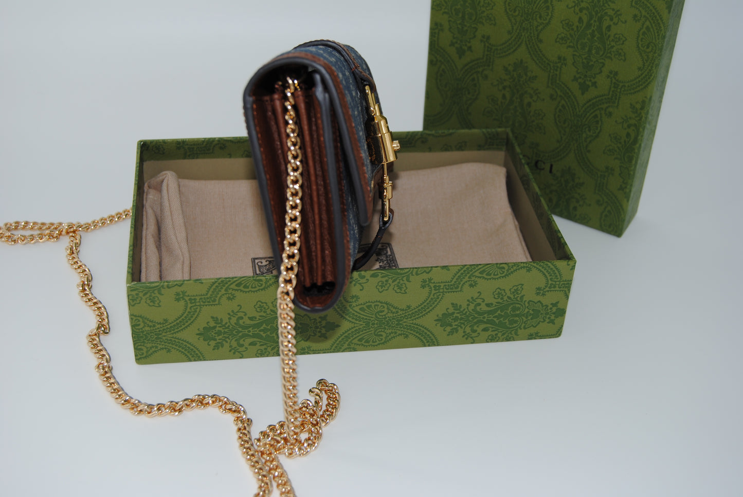 Gucci Jackie 1961 Continental Chain Wallet GG Denim Pre Owned
