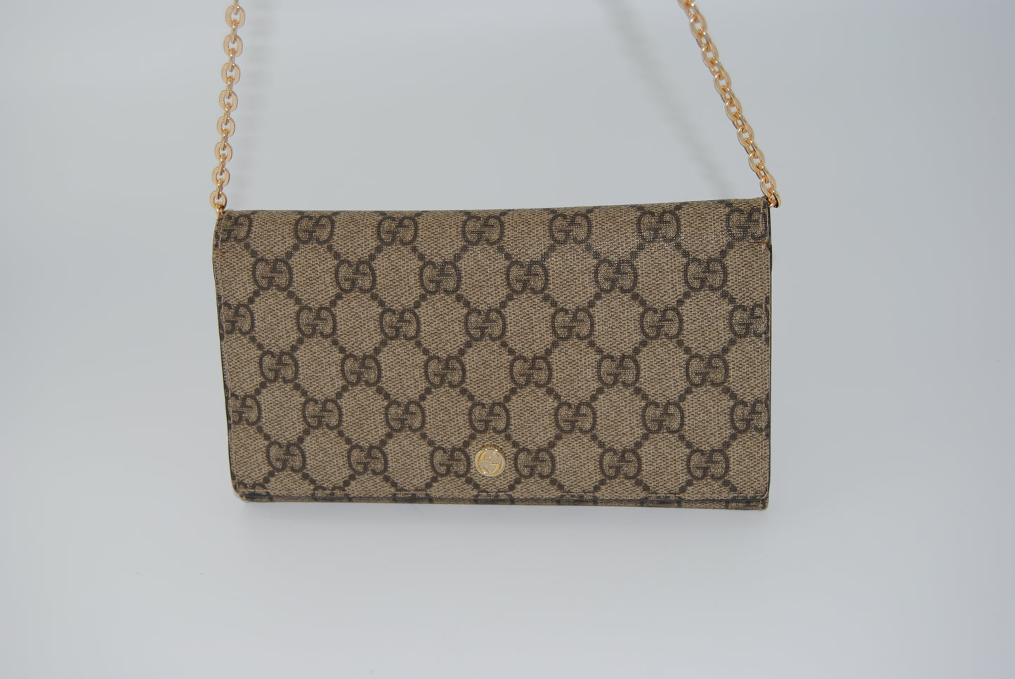 Gucci GG Supreme Monogram Azalea Calfskin Wallet On Chain Beige Ebony Brown Sugar