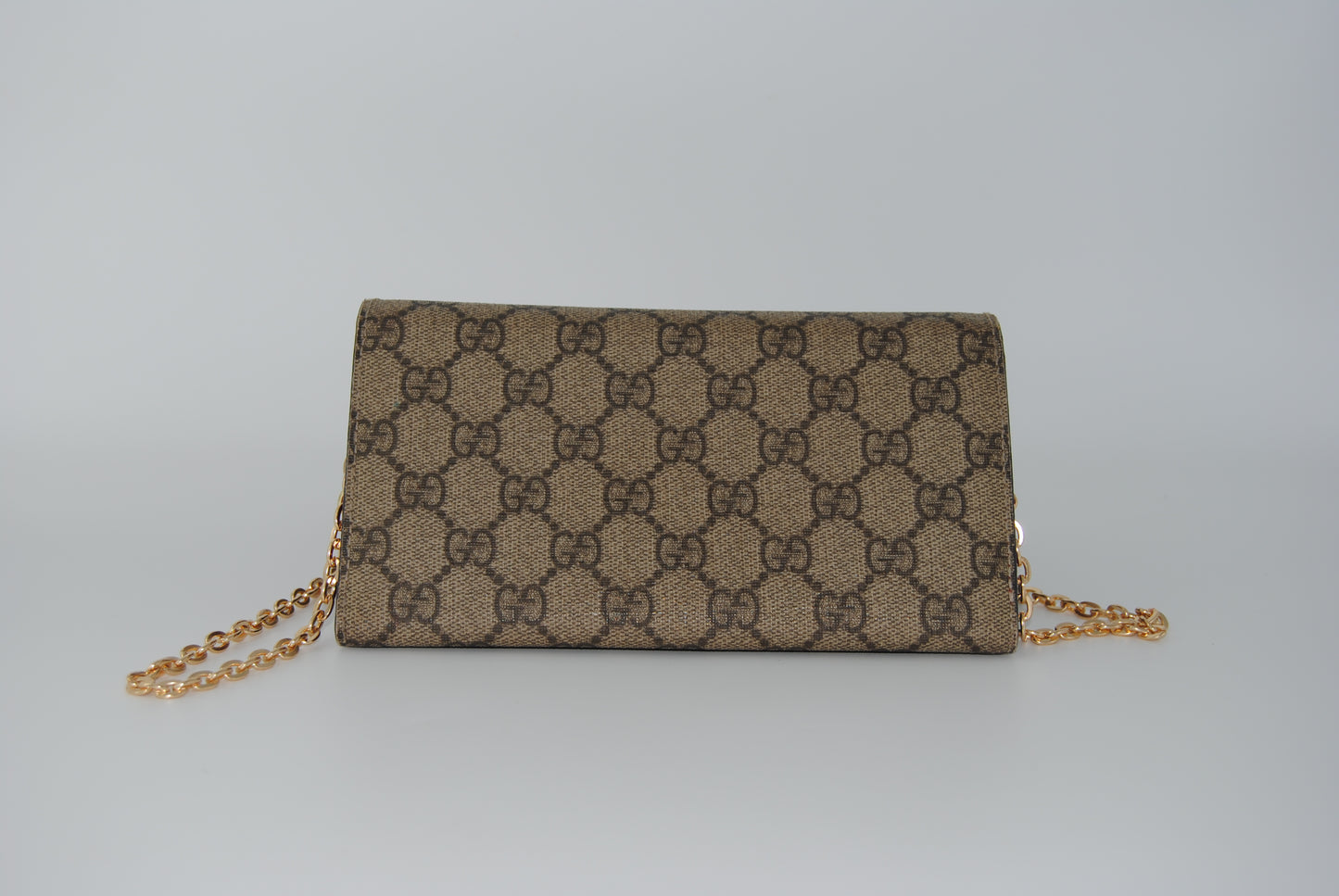 Gucci GG Supreme Monogram Azalea Calfskin Wallet On Chain Beige Ebony Brown Sugar