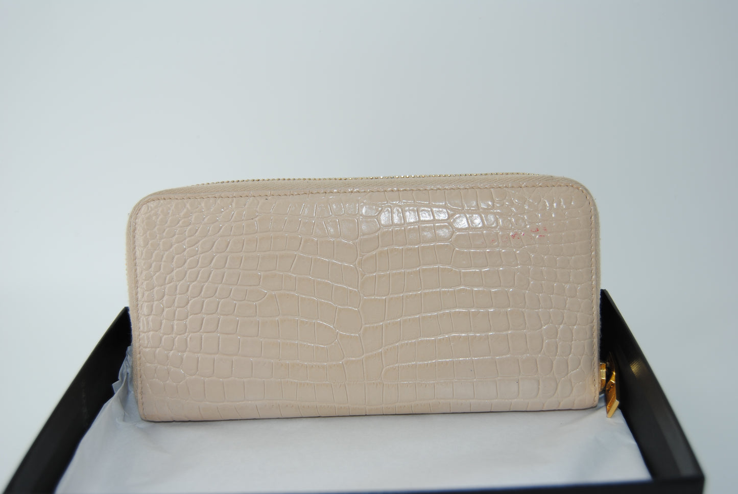Saint Laurent Round Zipper Long Wallet Croco Embossed YSL Logo Gold