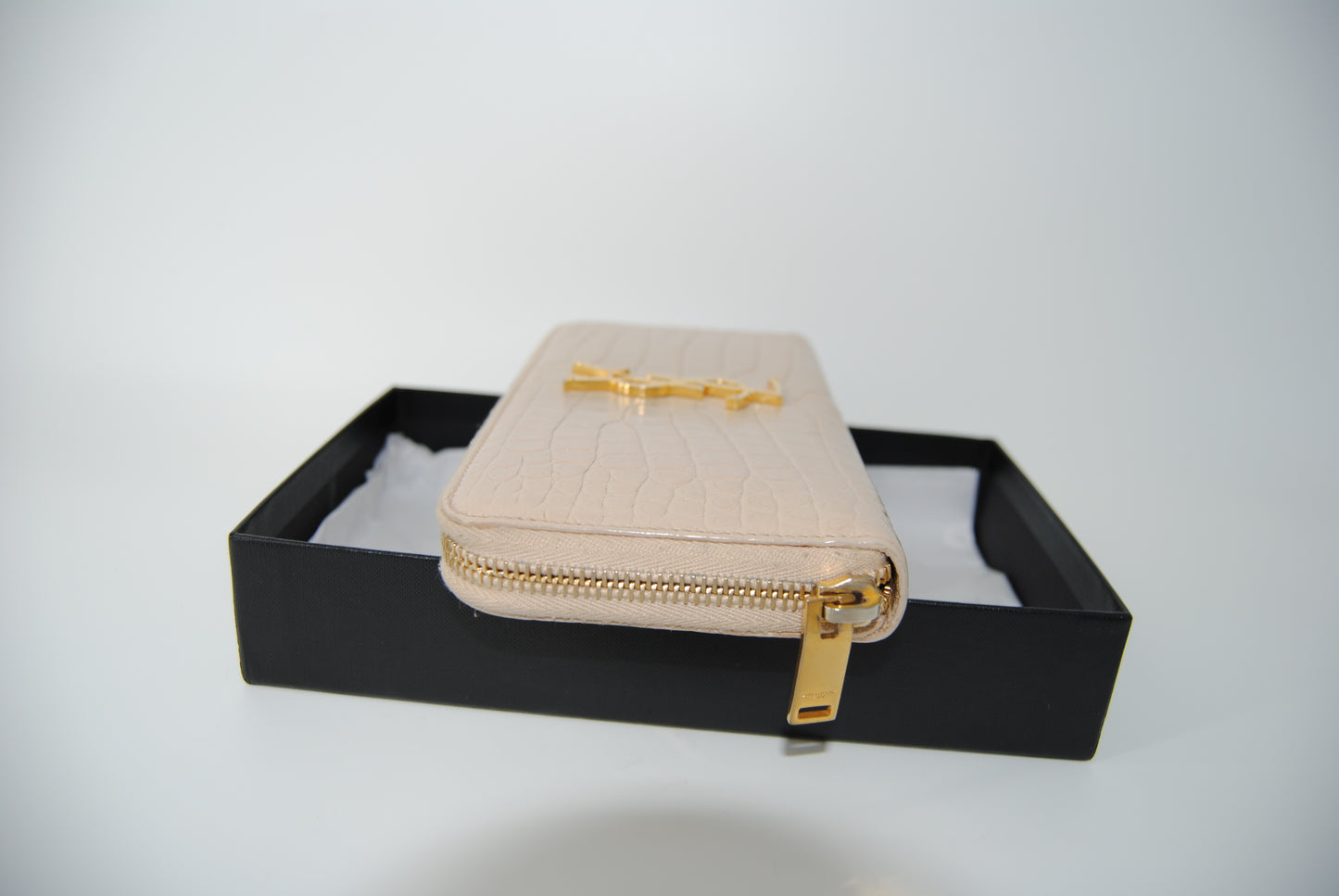 Saint Laurent Round Zipper Long Wallet Croco Embossed YSL Logo Gold
