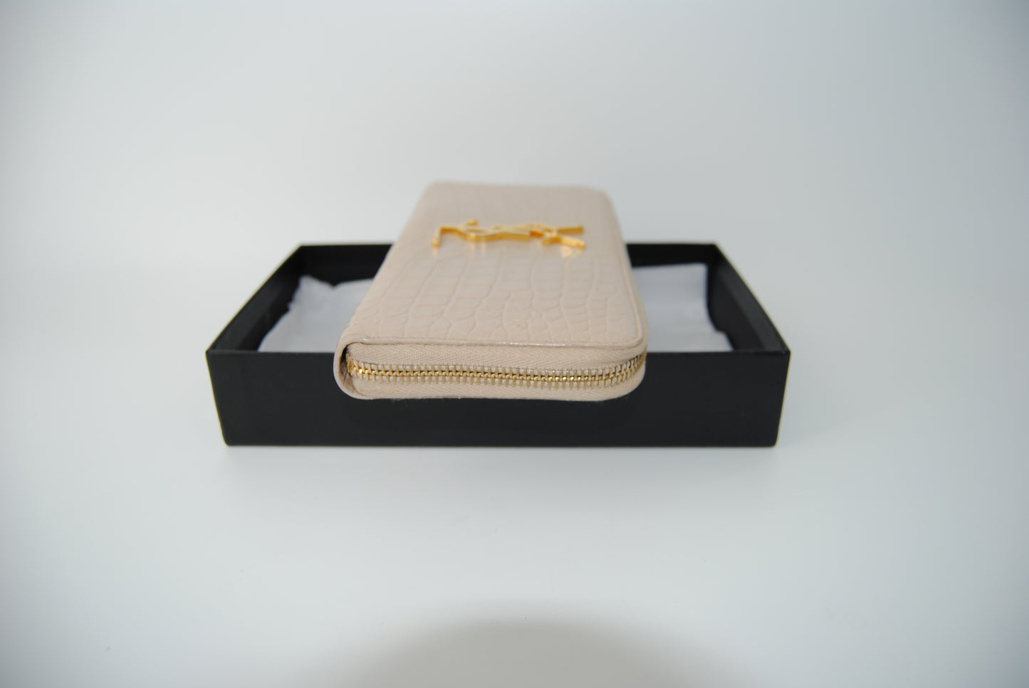 Saint Laurent Round Zipper Long Wallet Croco Embossed YSL Logo Gold