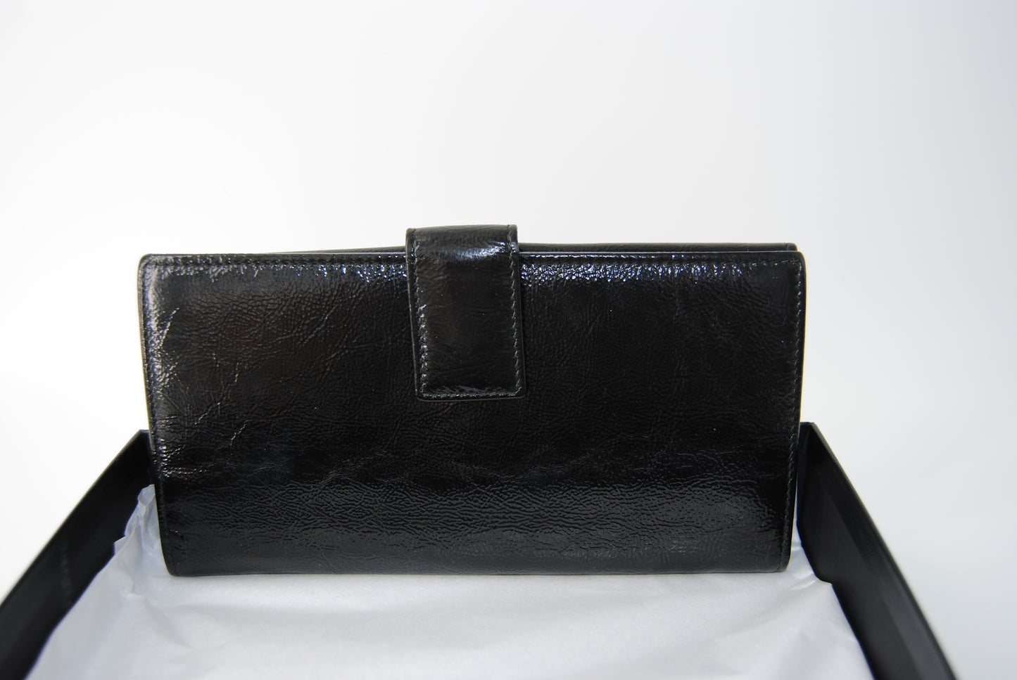 Yves Saint Laurent YSL Black Y-Mail Patent Leather Long Wallet