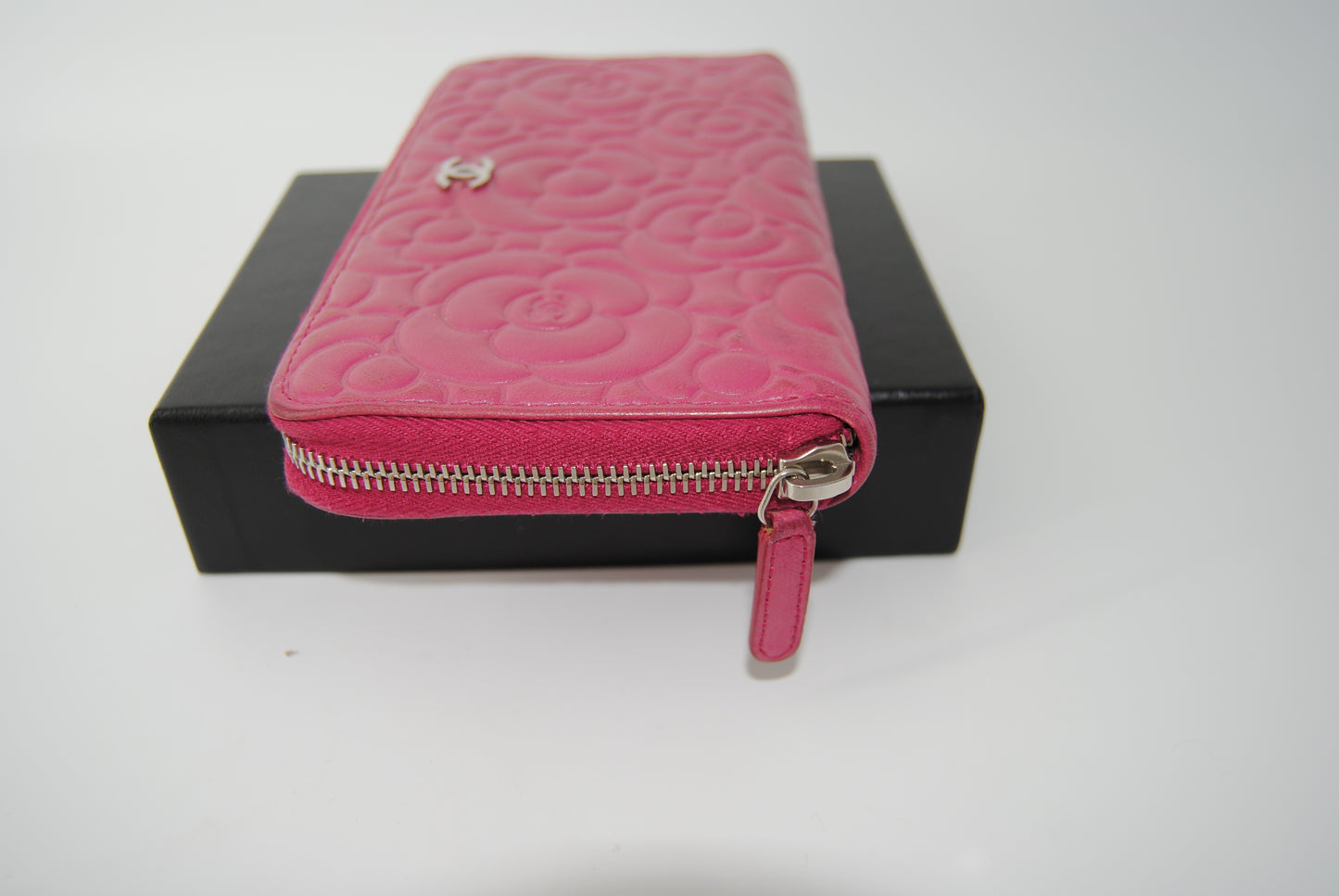 Chanel Pink Leather CC Camellia Zip Around Wallet Organizer