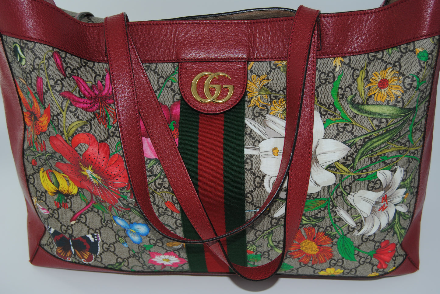 Gucci Ophidia Flora Tote Bag GG Pattern Floral Coated Canvas Red