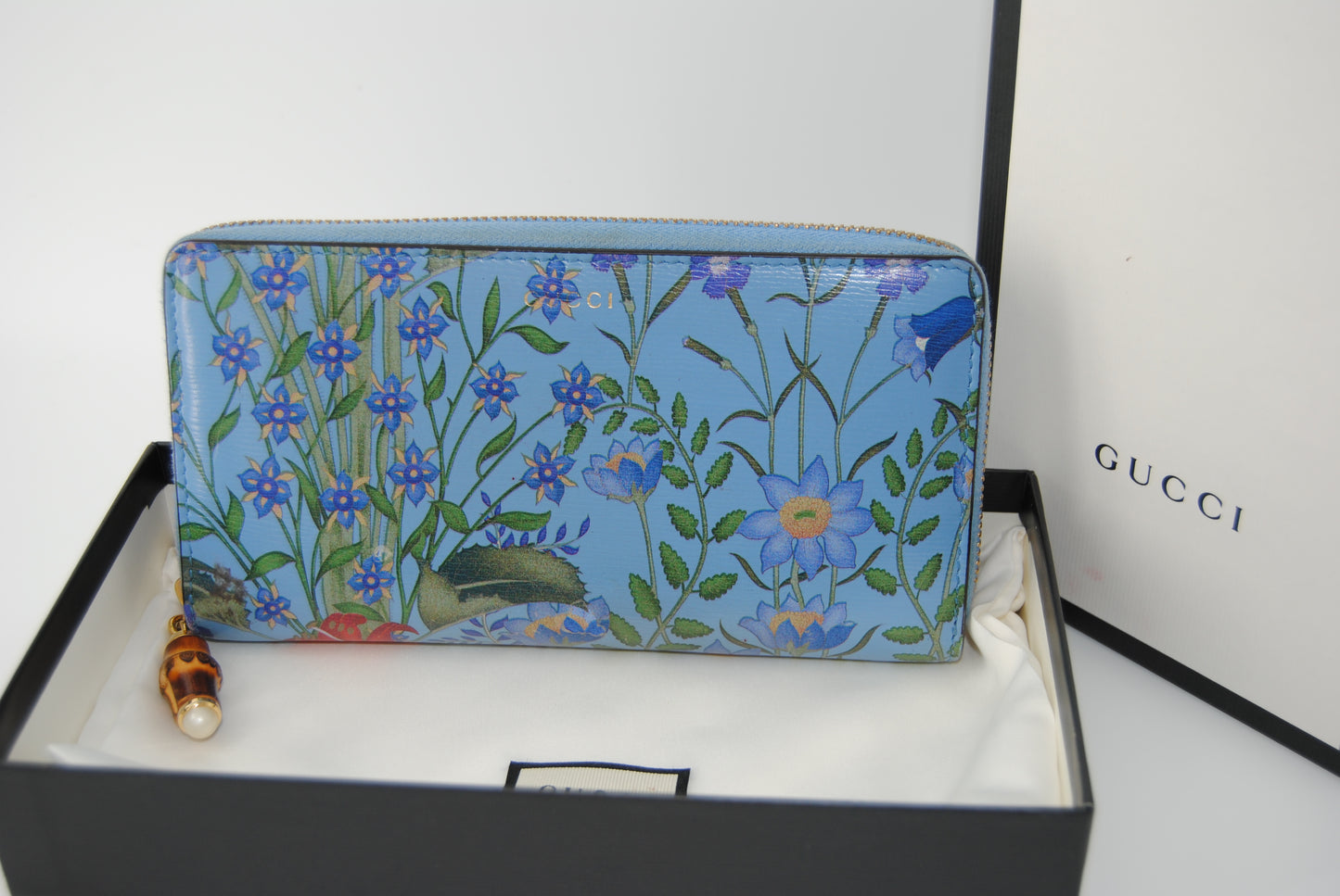 Gucci Nymphae Azure Floral Blue Continental Wallet Leather