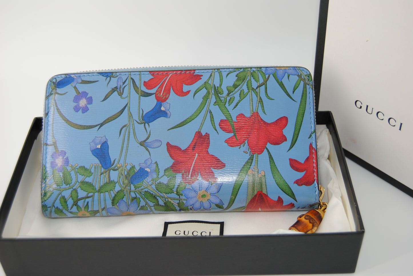Gucci Nymphae Azure Floral Blue Continental Wallet Leather