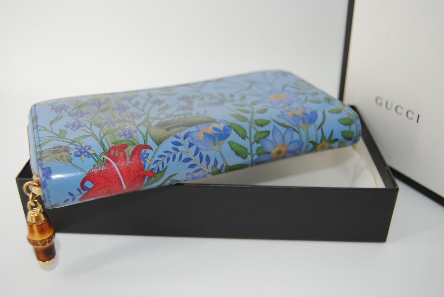 Gucci Nymphae Azure Floral Blue Continental Wallet Leather