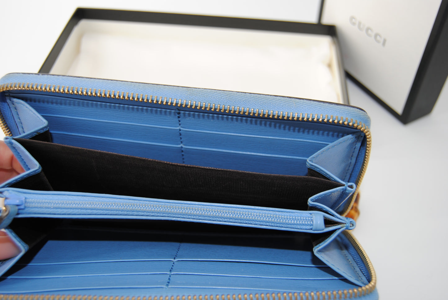 Gucci Nymphae Azure Floral Blue Continental Wallet Leather