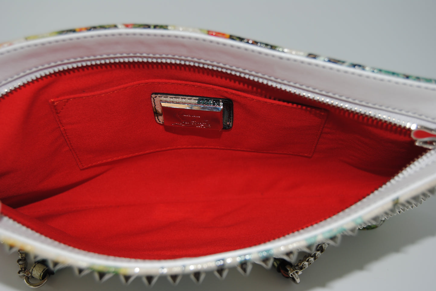 Christian Louboutin Calfskin Studded Floral Mosaic Loubiclutch Crossbody Clutch White Multicolor