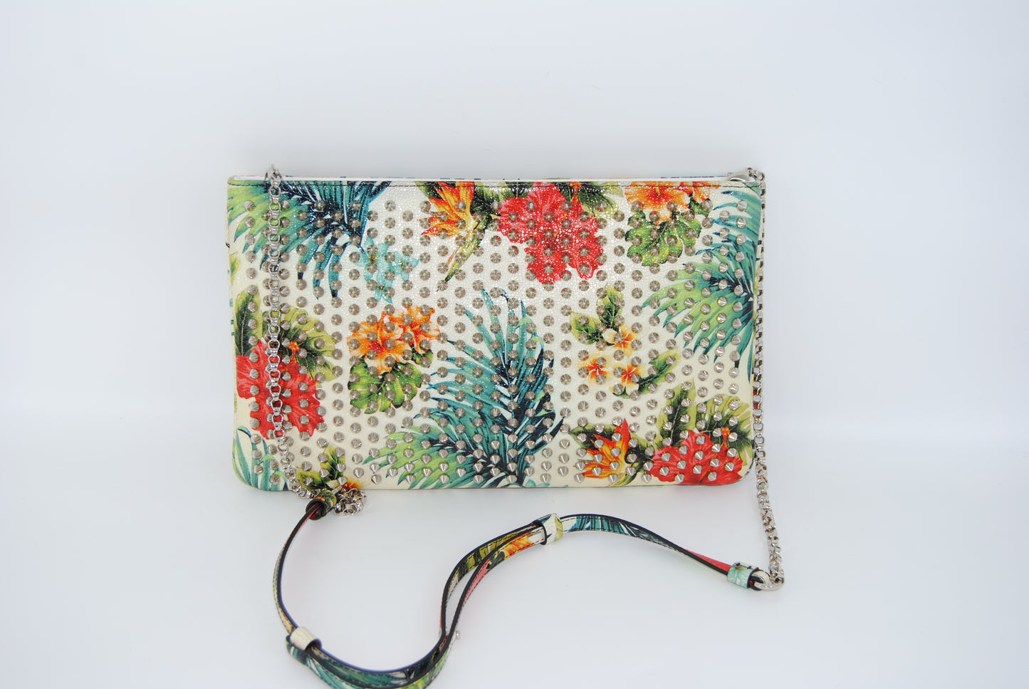 Christian Louboutin Calfskin Studded Floral Mosaic Loubiclutch Crossbody Clutch White Multicolor