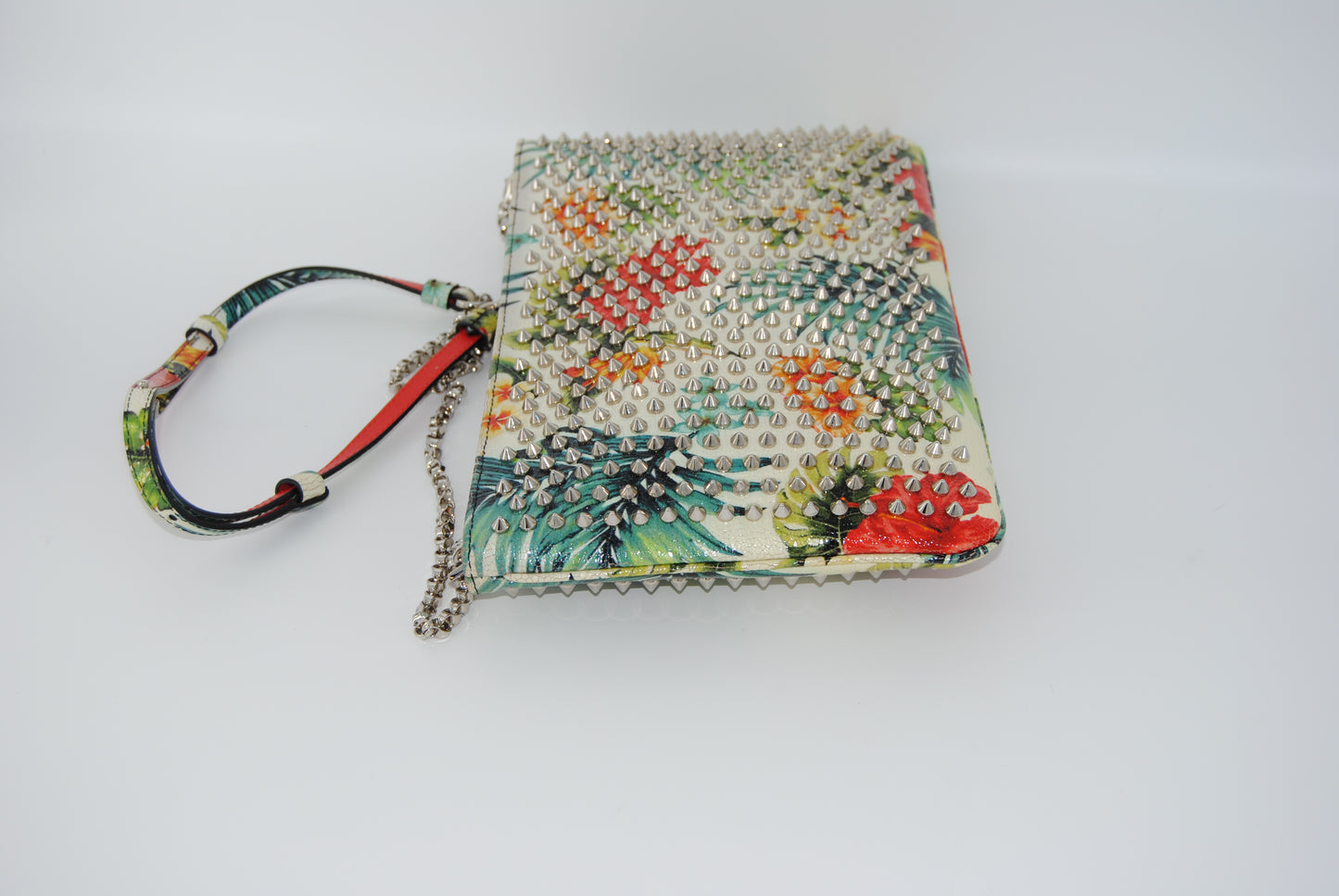 Christian Louboutin Calfskin Studded Floral Mosaic Loubiclutch Crossbody Clutch White Multicolor