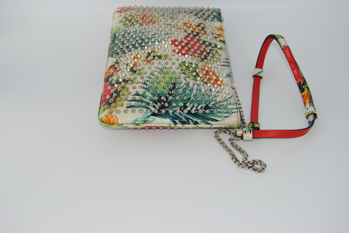 Christian Louboutin Calfskin Studded Floral Mosaic Loubiclutch Crossbody Clutch White Multicolor