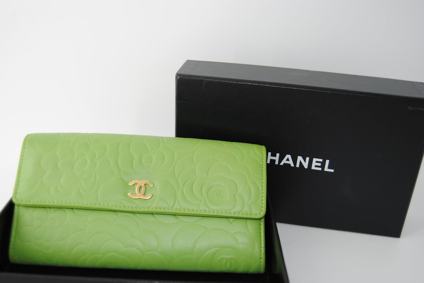 Chanel Green Lambskin Camellia Flap Wallet