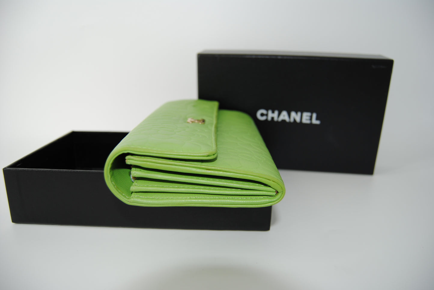 Chanel Green Lambskin Camellia Flap Wallet
