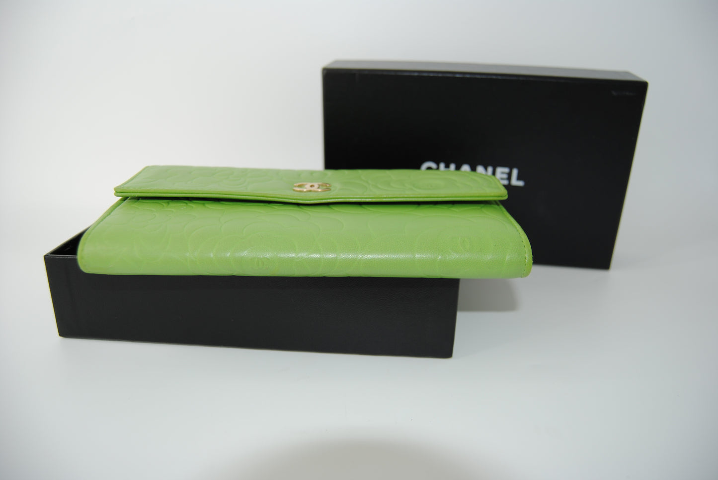 Chanel Green Lambskin Camellia Flap Wallet