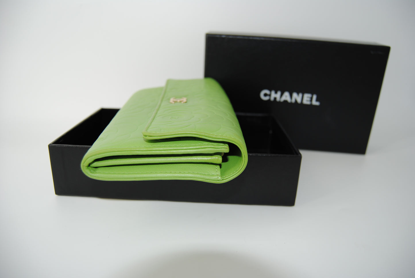 Chanel Green Lambskin Camellia Flap Wallet