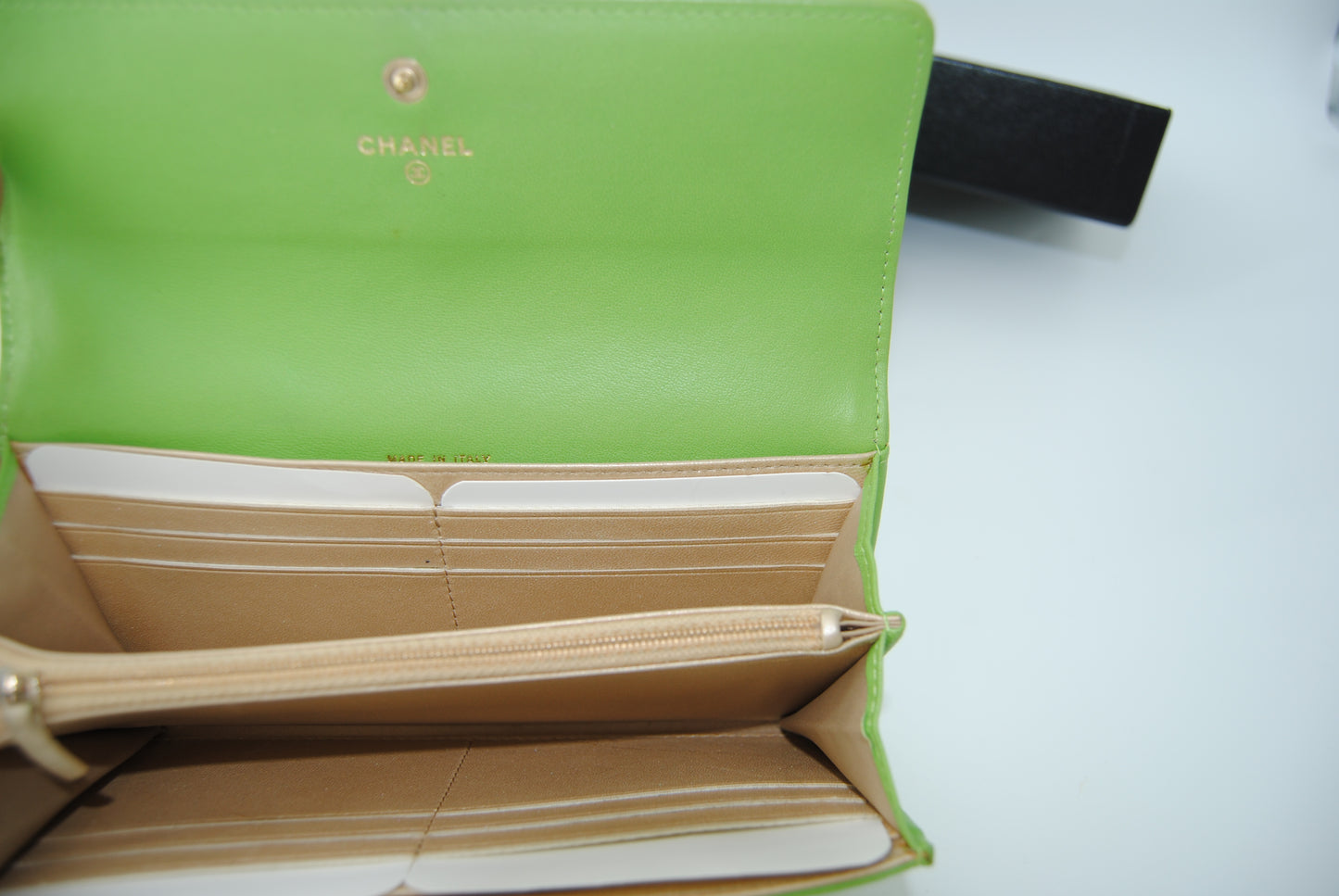 Chanel Green Lambskin Camellia Flap Wallet