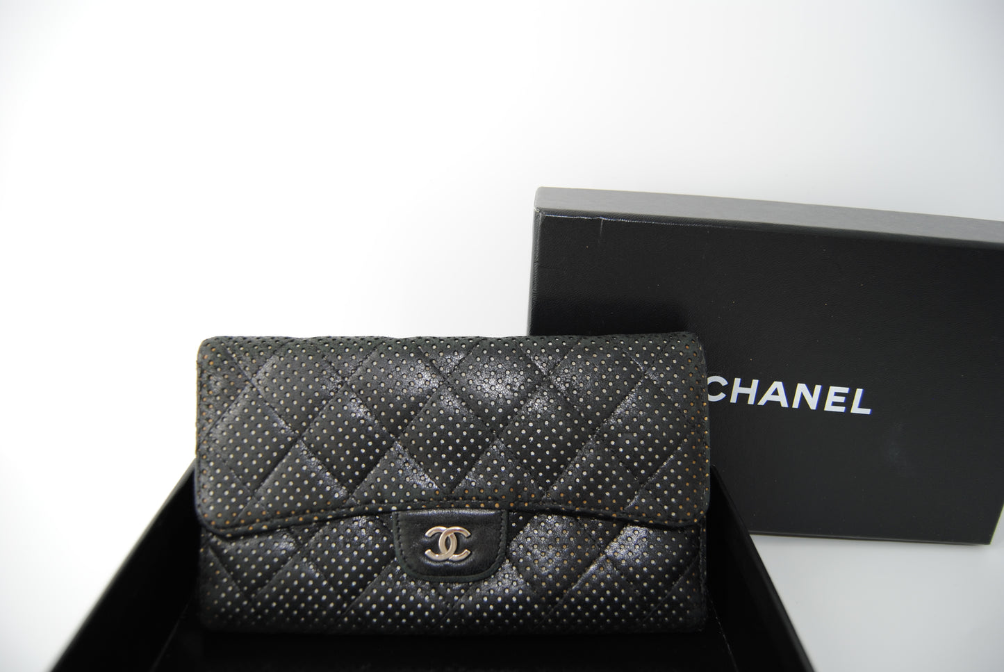 Chanel Black Quilted Perforated Leather Continental Wallet