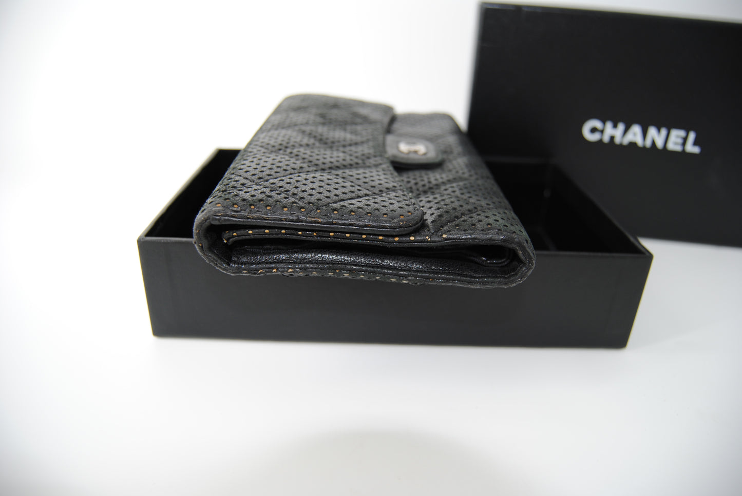 Chanel Black Quilted Perforated Leather Continental Wallet