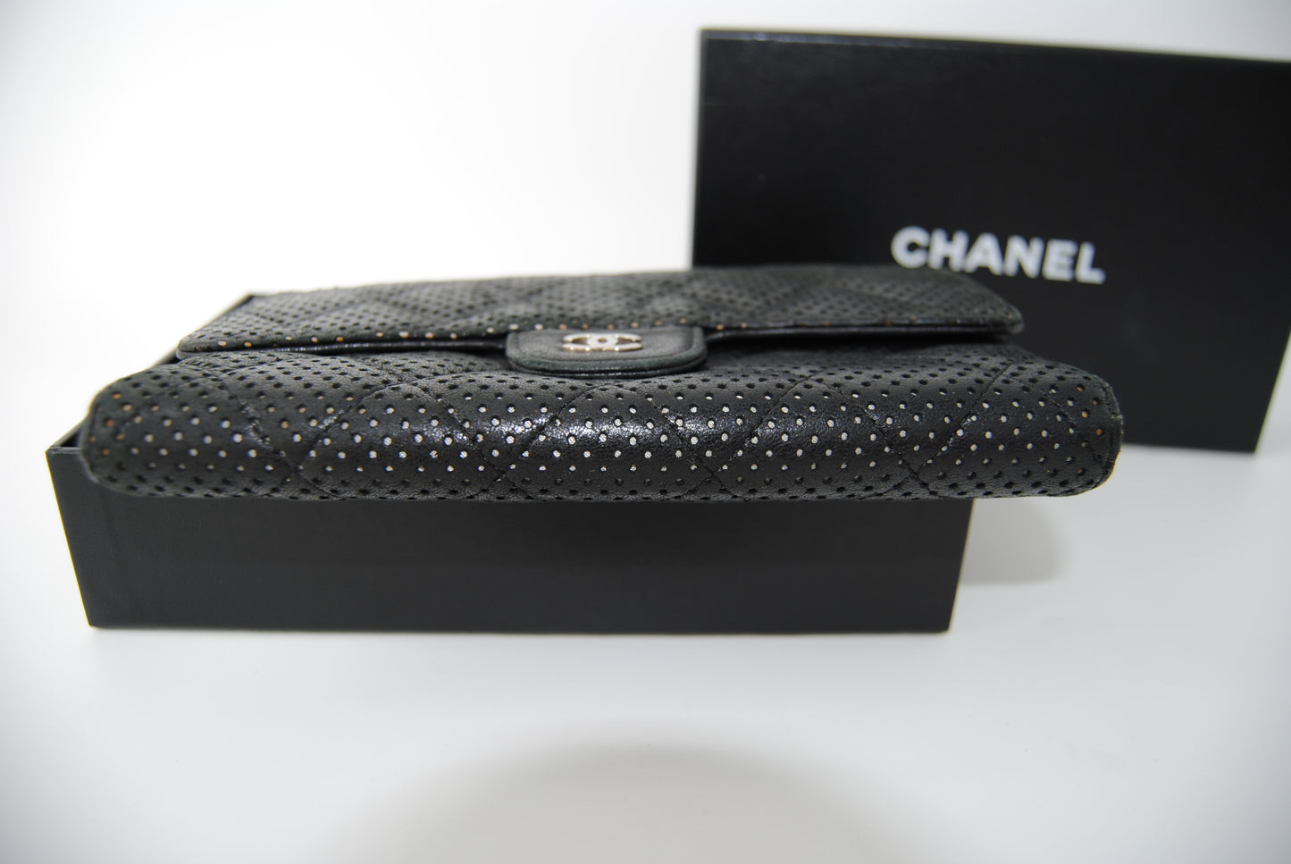 Chanel Black Quilted Perforated Leather Continental Wallet