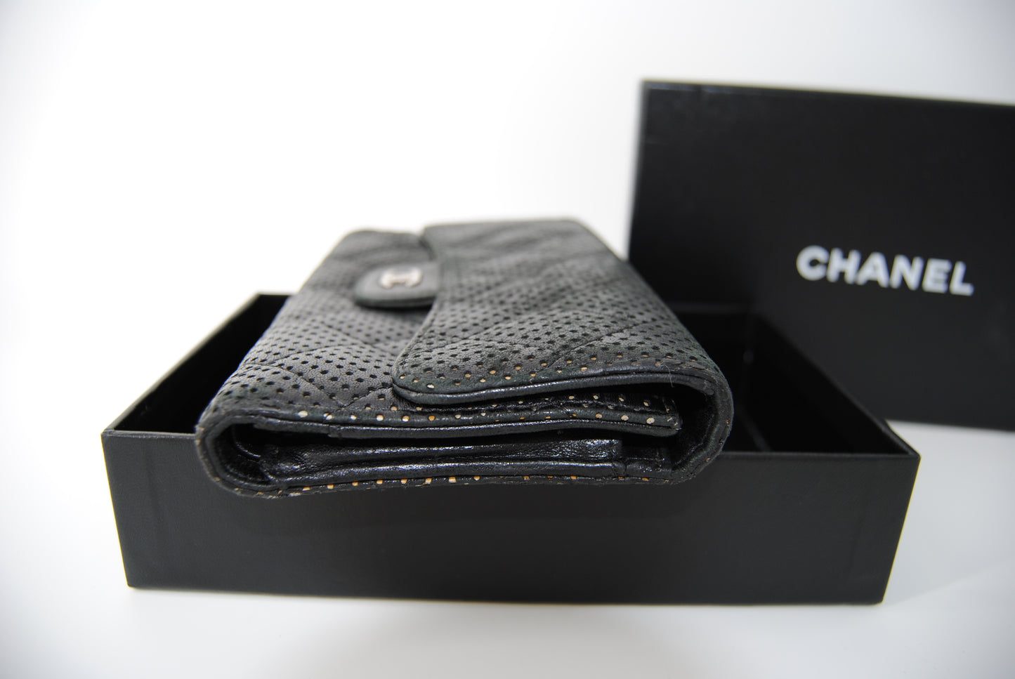 Chanel Black Quilted Perforated Leather Continental Wallet