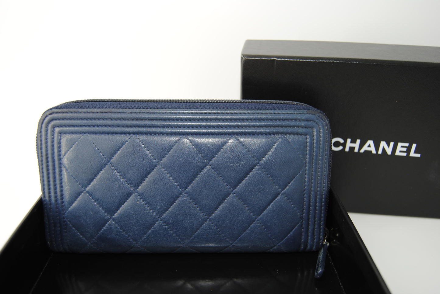 Chanel Caviar Quilted Large Boy Zip Around Wallet Blue