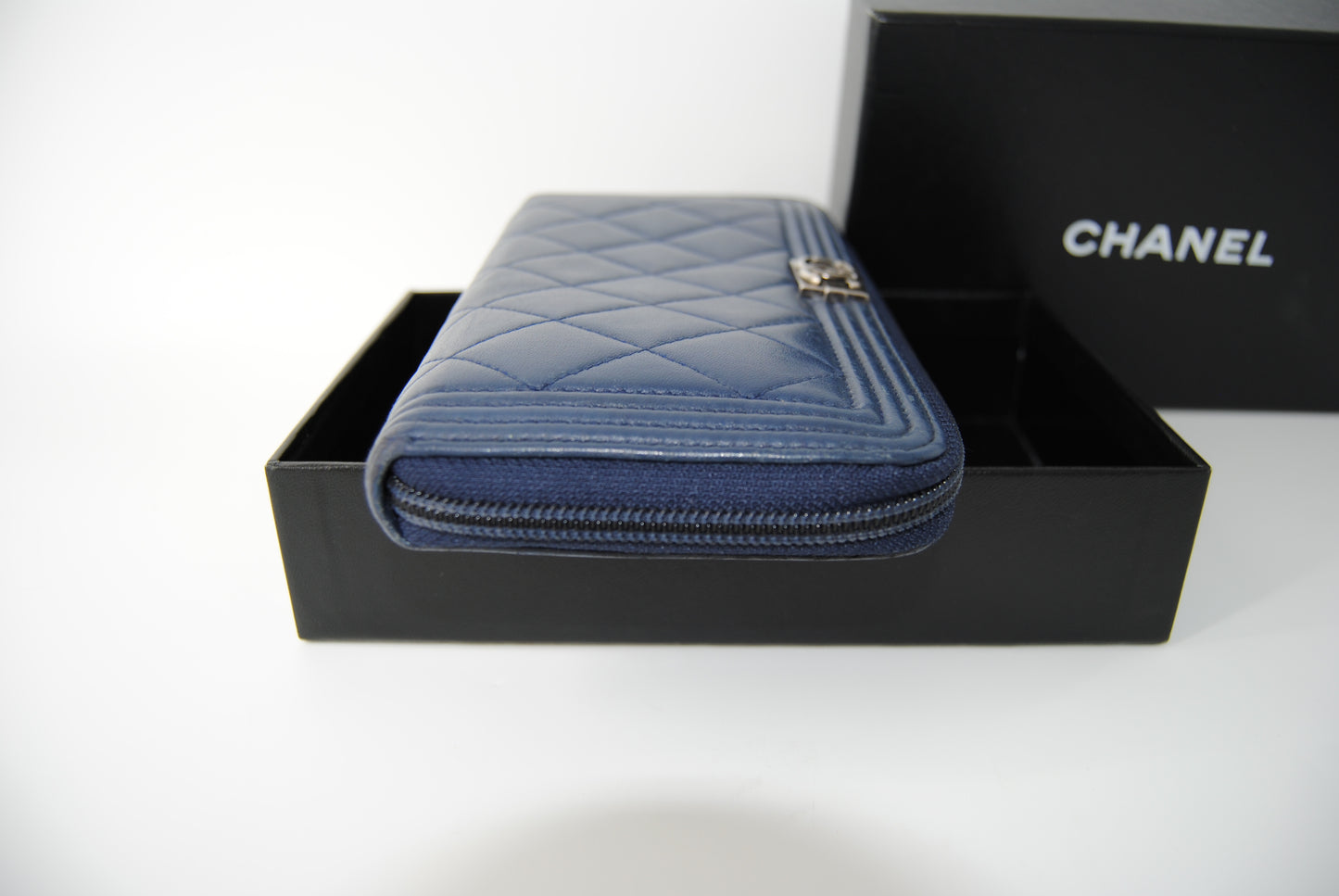 Chanel Caviar Quilted Large Boy Zip Around Wallet Blue