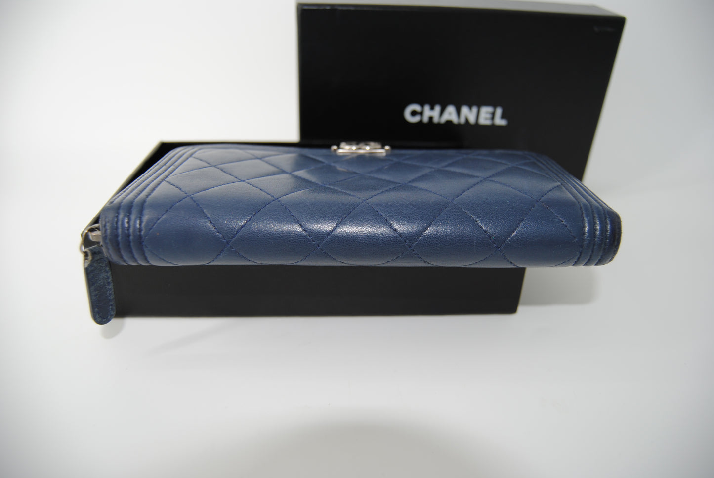 Chanel Caviar Quilted Large Boy Zip Around Wallet Blue