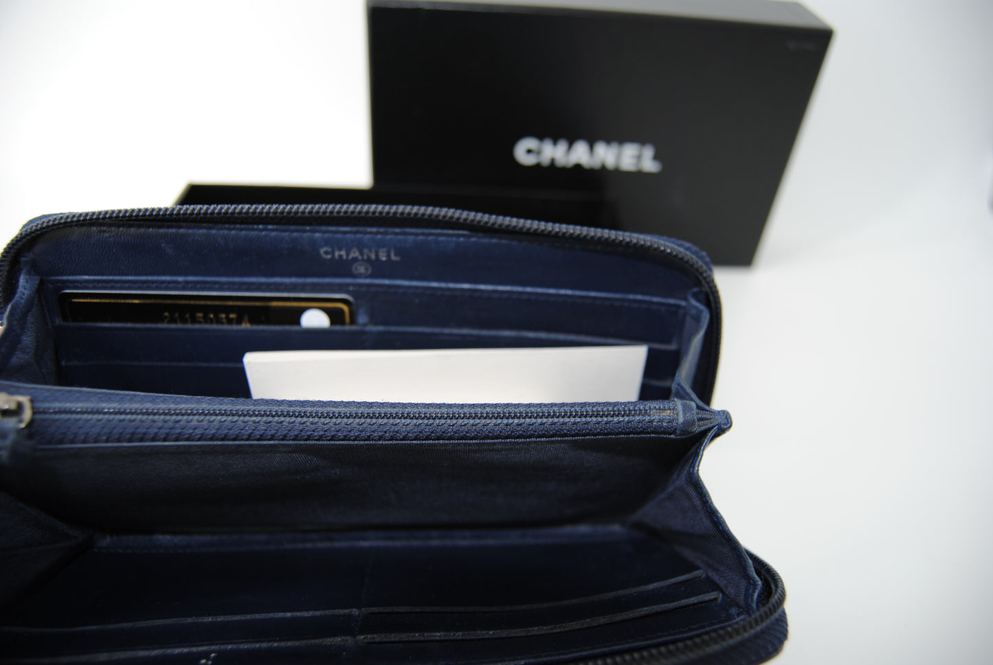 Chanel Caviar Quilted Large Boy Zip Around Wallet Blue