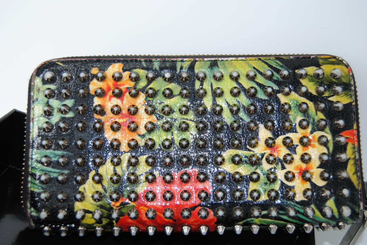 Christian Louboutin Crackled Calfskin Hawaii Print Panettone Spikes Zip Around Wallet Black Silver