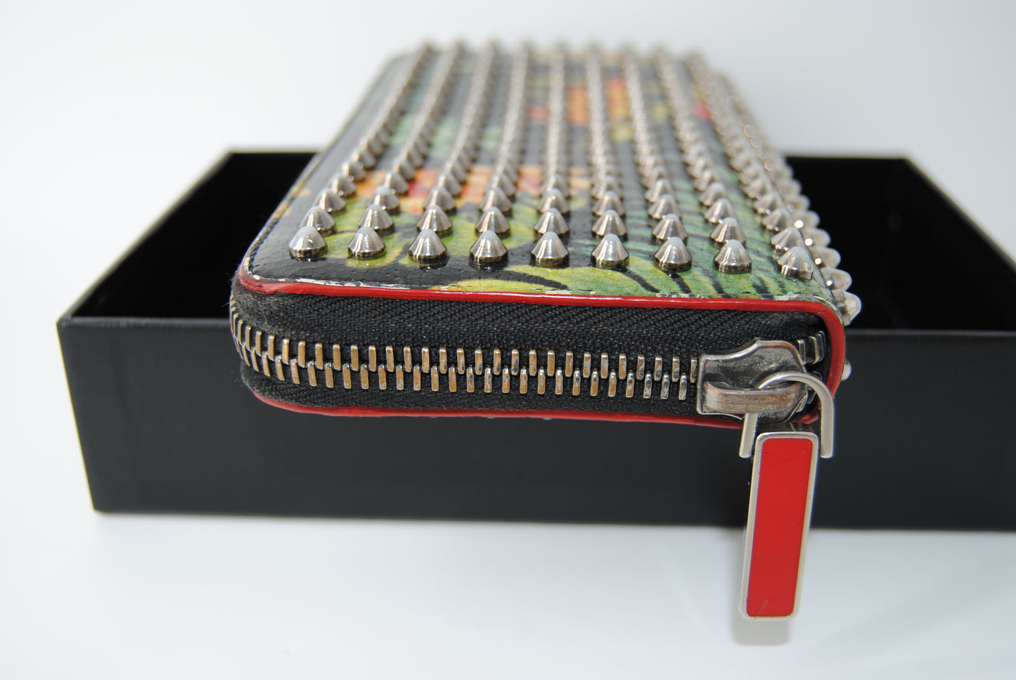 Christian Louboutin Crackled Calfskin Hawaii Print Panettone Spikes Zip Around Wallet Black Silver