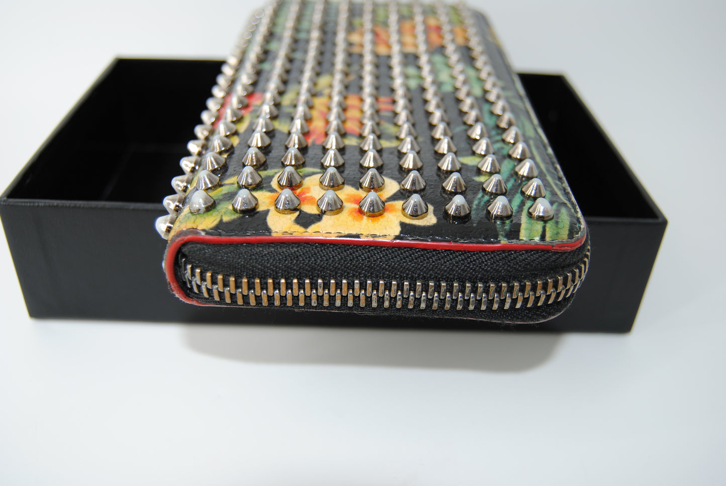 Christian Louboutin Crackled Calfskin Hawaii Print Panettone Spikes Zip Around Wallet Black Silver
