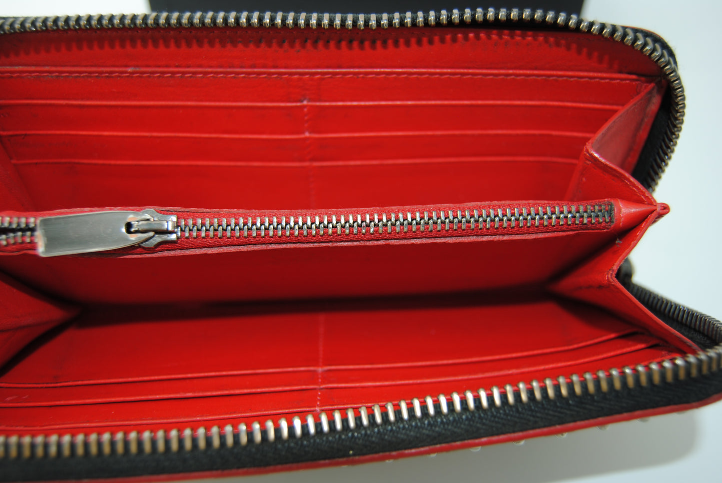 Christian Louboutin Crackled Calfskin Hawaii Print Panettone Spikes Zip Around Wallet Black Silver