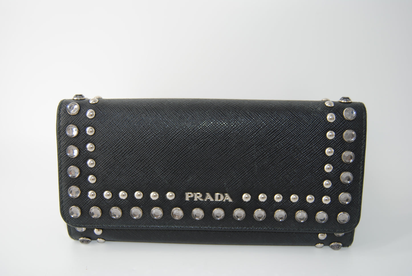 Prada Saffiano Crystal Studded Continental Flap Travel Wallet Baltico