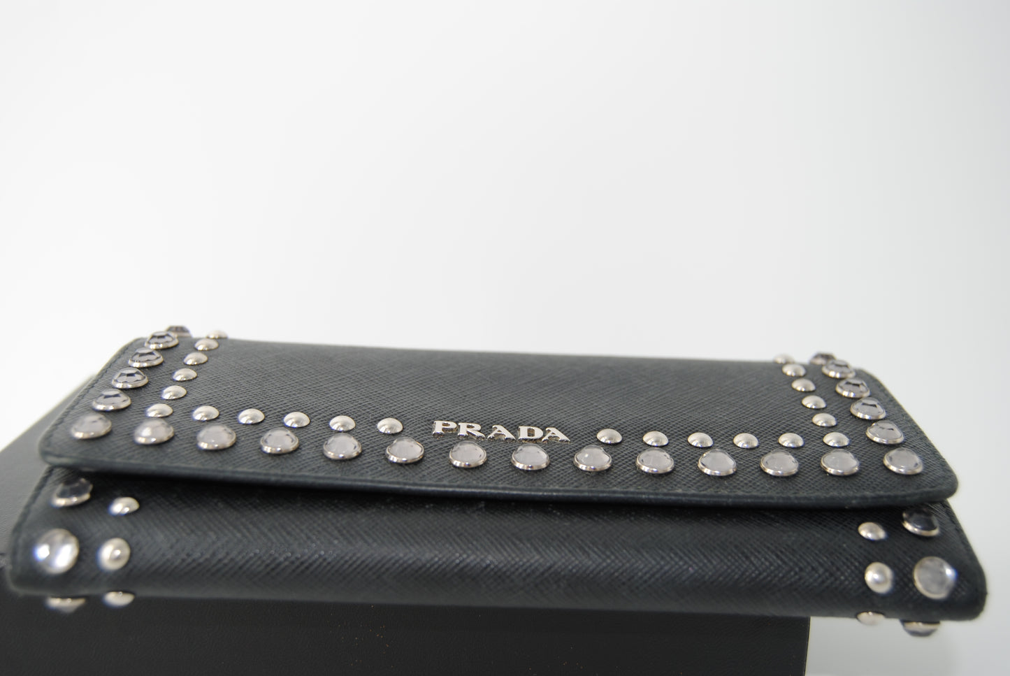 Prada Saffiano Crystal Studded Continental Flap Travel Wallet Baltico