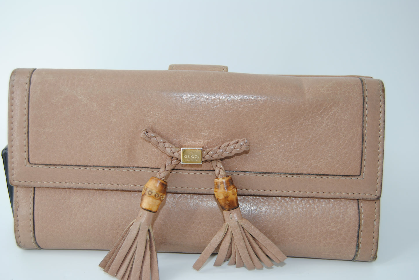 Gucci Brown Bamboo Leather Long Wallet Beige