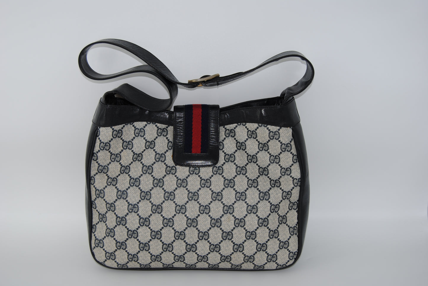 Gucci GG Canvas Sherry Line Shoulder Bag PVC Leather Gray Red Navy