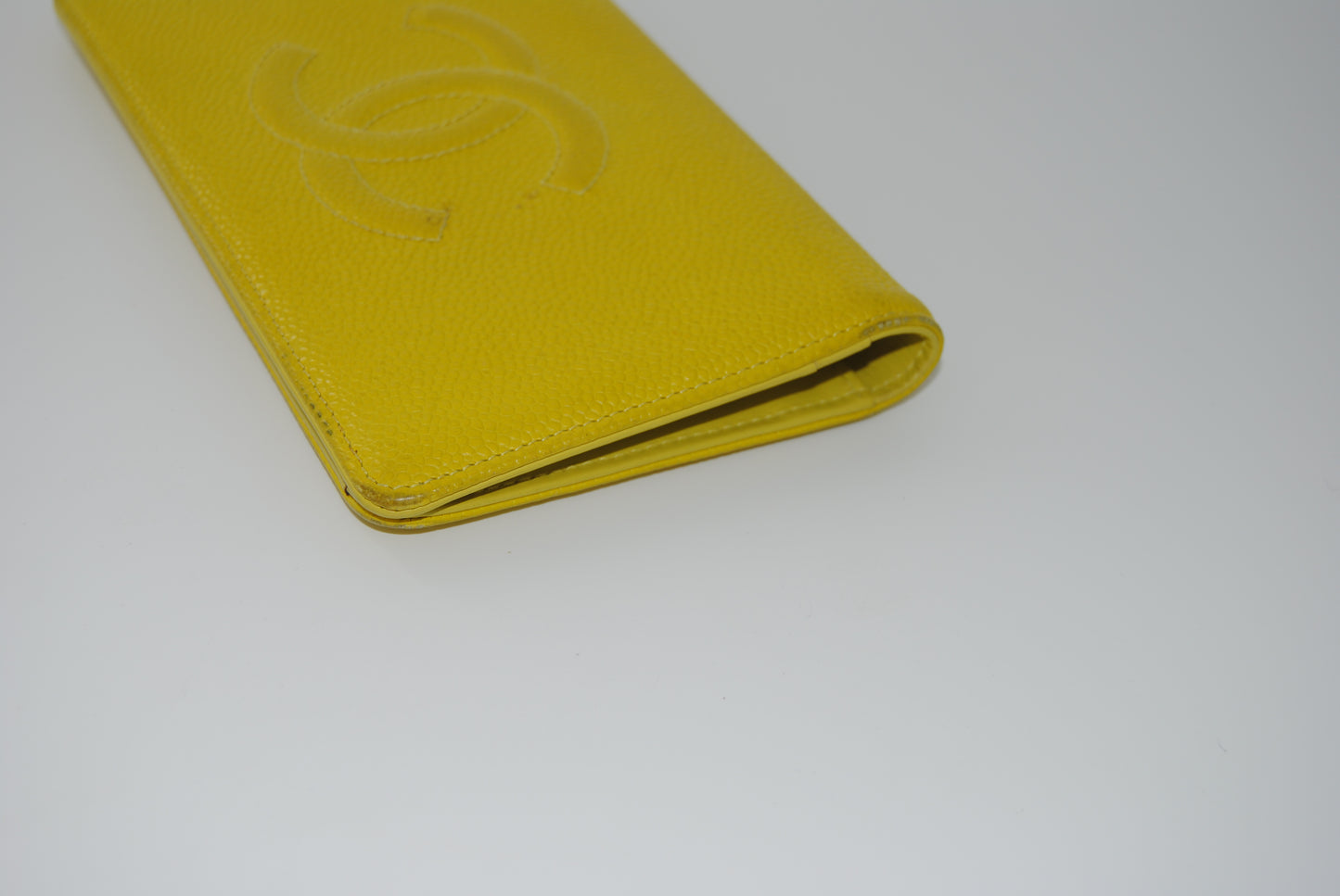 Chanel CC Caviar Skin Leather Large Wallet Bifold Yellow