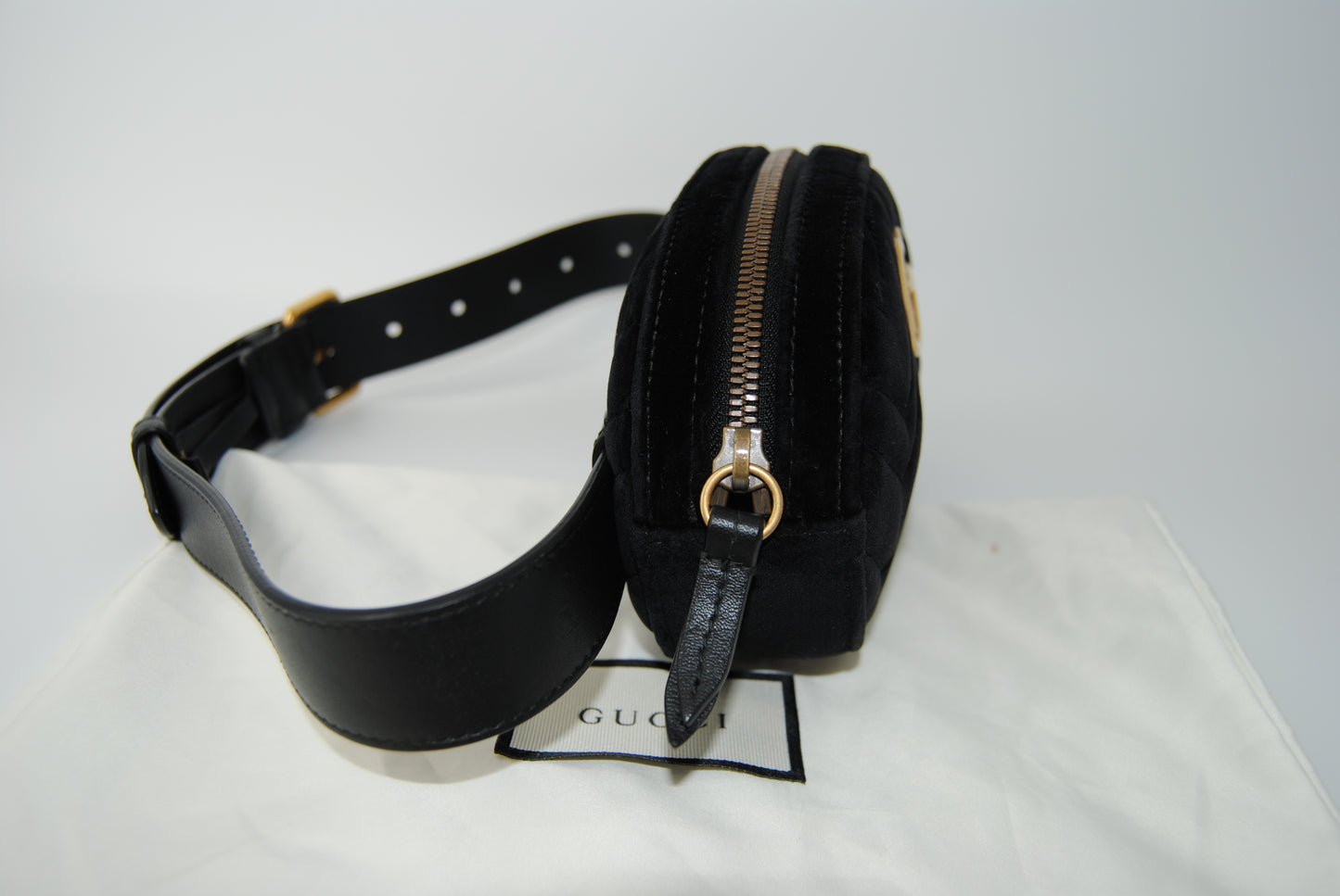 Gucci Black Quilted Velvet GG Marmont Waist Belt Bag