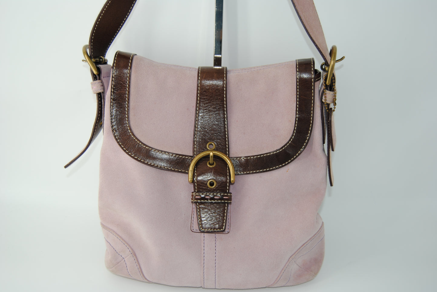 Coach Light Pink (Lilac) Suede Leather Buckle Flap Crossbody Shoulder Bag