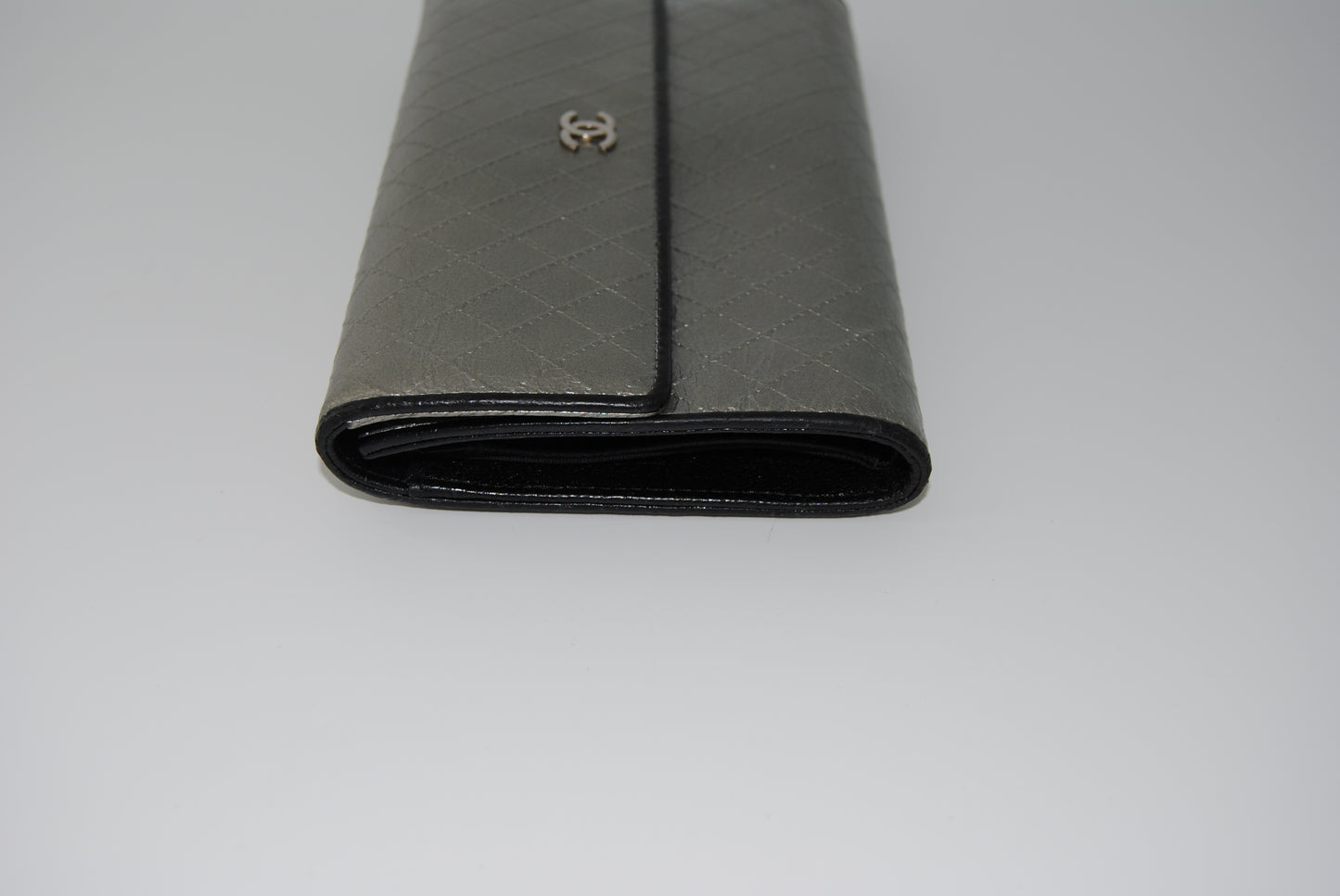 Chanel Bifold Long Wallet Metallic Silver 1 Coco Mark Coin Purse Leather