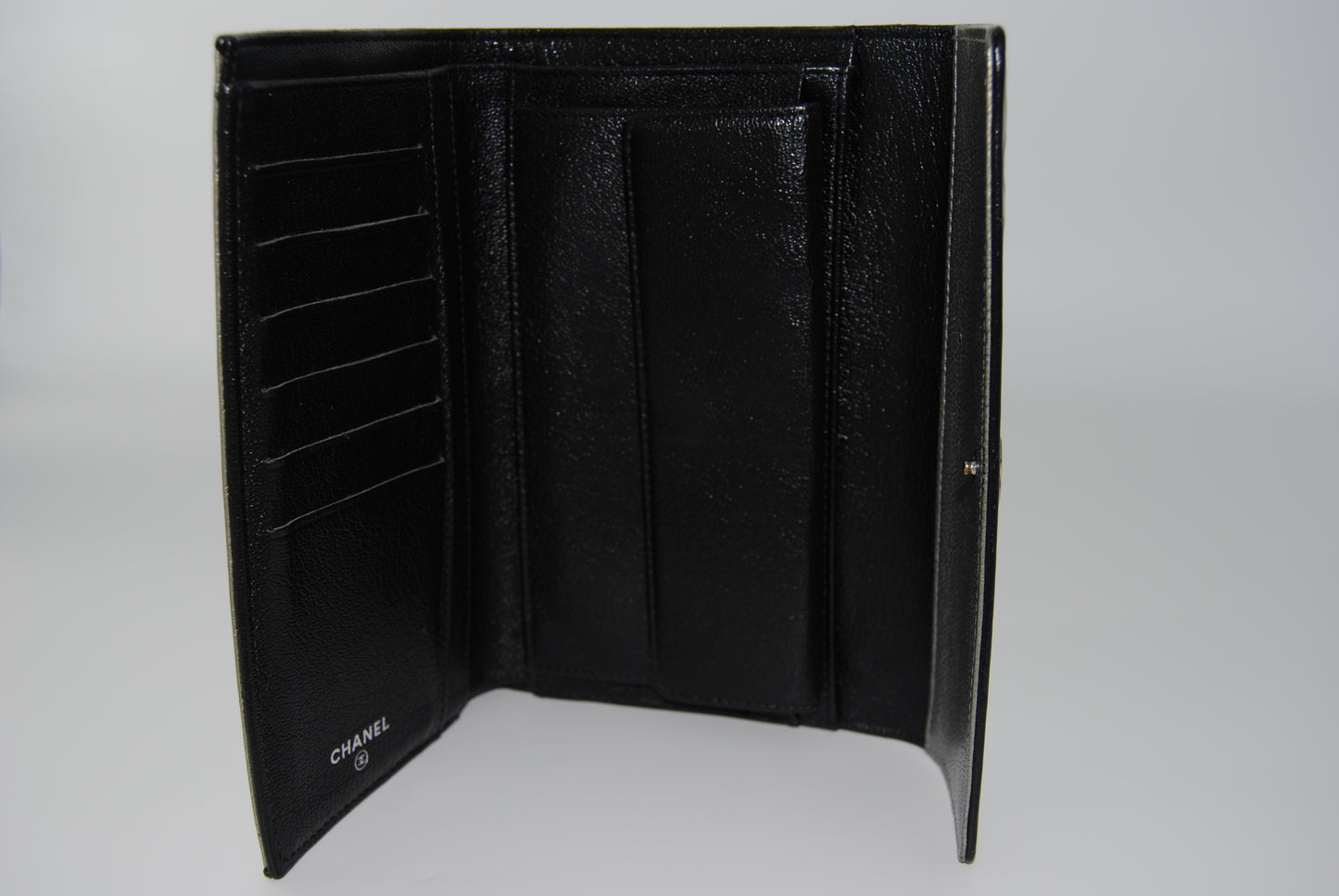 Chanel Bifold Long Wallet Metallic Silver 1 Coco Mark Coin Purse Leather